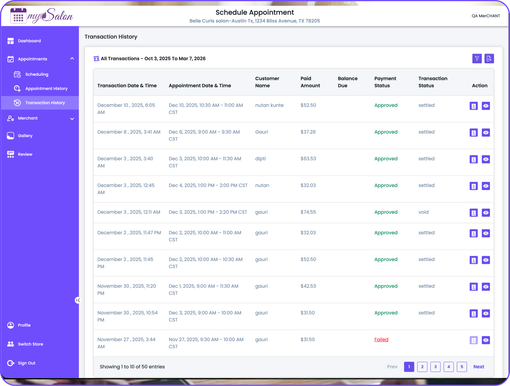 Appointment & Transaction History feature