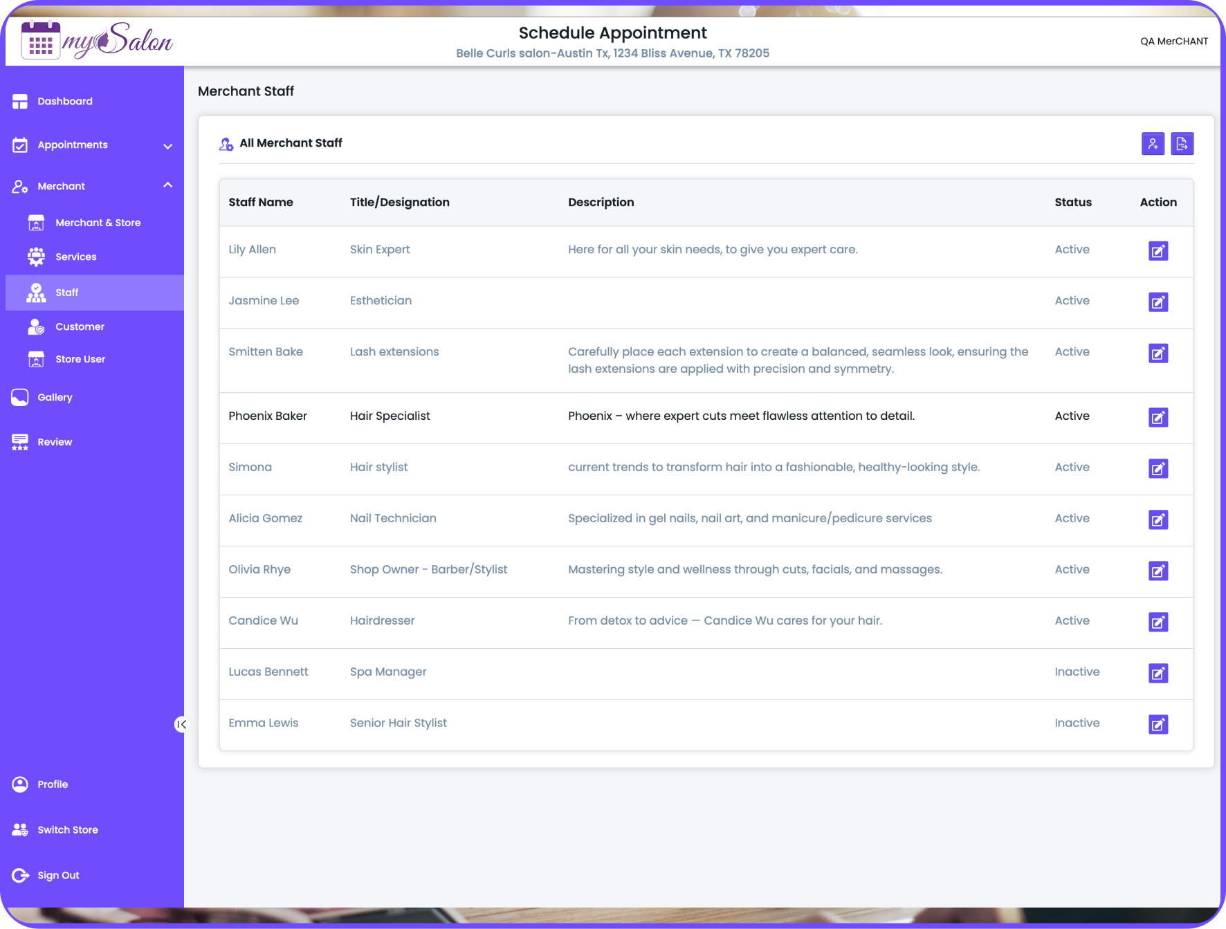 Staff and Service Management feature