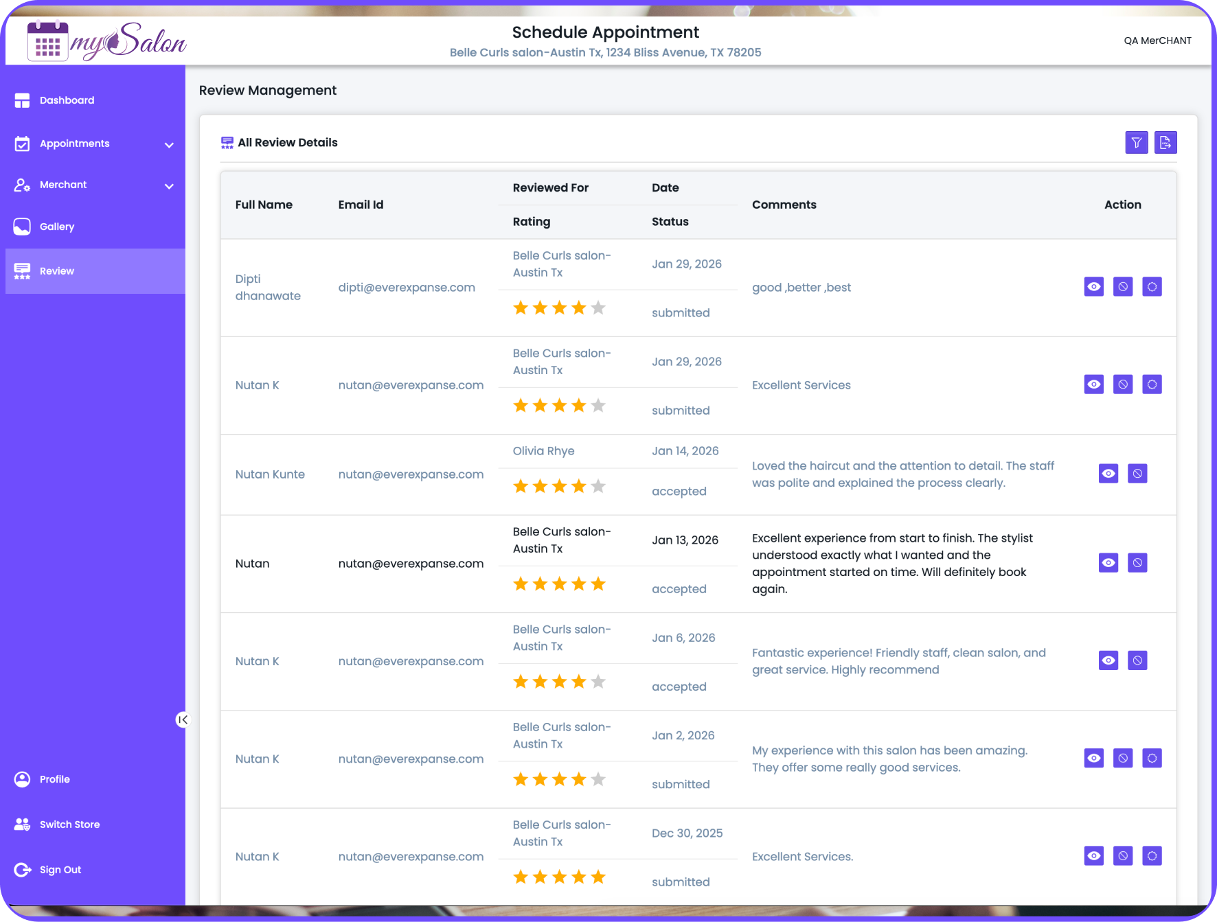 Reviews feature